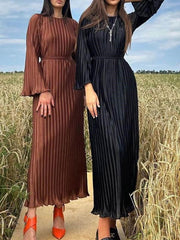 Pleated Solid Color Flared Sleeves Long Sleeves Round-Neck Maxi Dresses