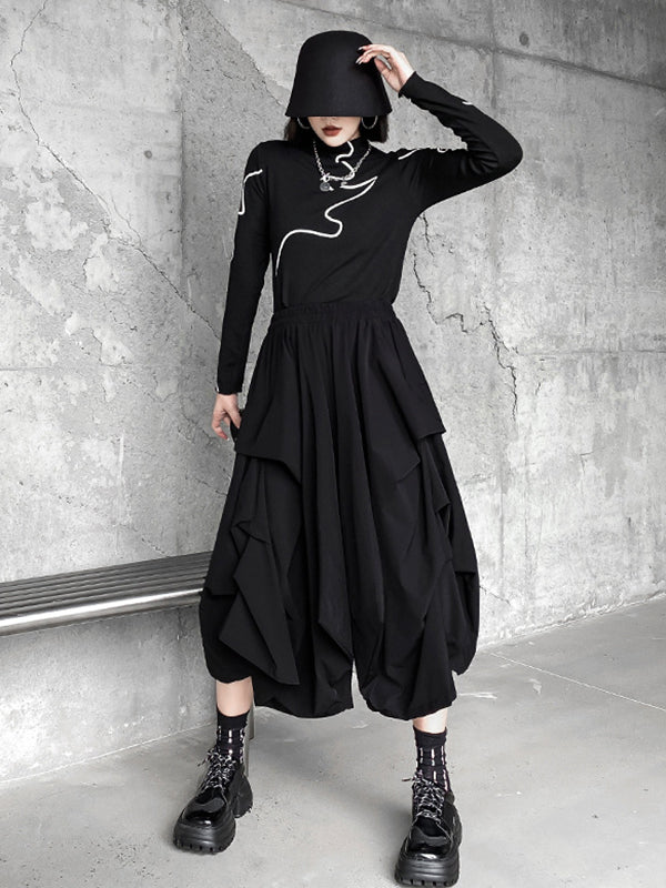 Irregularity Wide Leg Solid Color Elastic Waist Cropped Pants