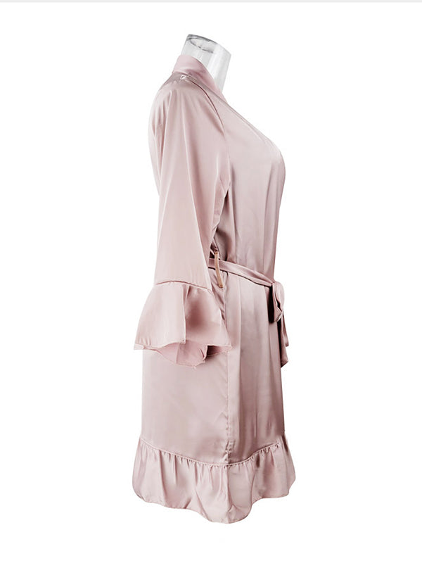 Falbala Ribbed Solid Color Loose V-neck Robes Intimates&Pajamas