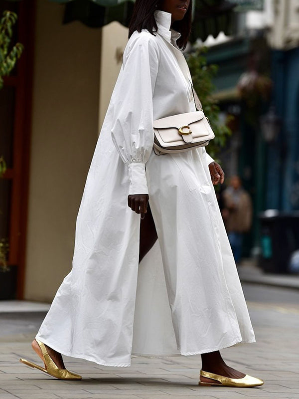 Buttoned Pockets Solid Color Long Sleeves Loose Lapel Shirt Dress Maxi Dresses