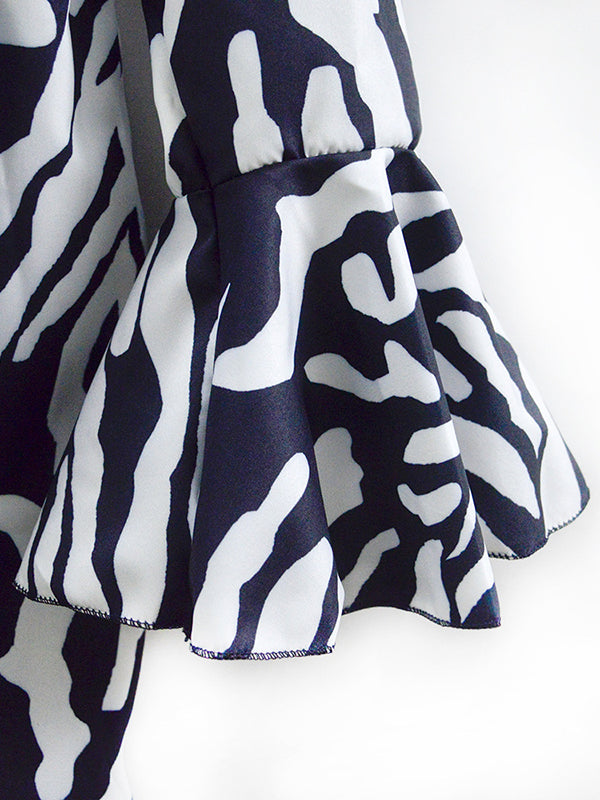 Contrast Color Pleated Printed Split-Joint Flared Sleeves Loose V-Neck Mini Dresses
