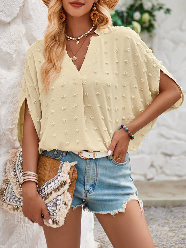 Jacquard Solid Color Batwing Sleeves Half Sleeves V-Neck T-Shirts Tops
