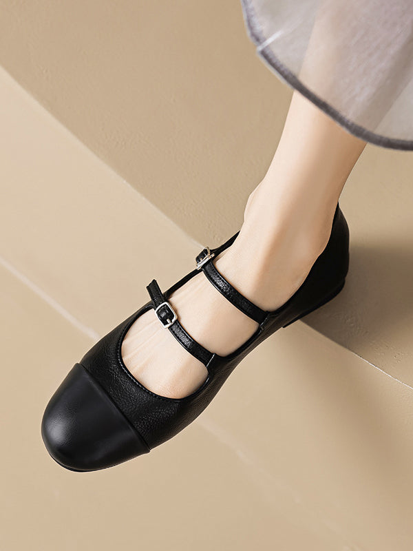 Belt Buckle Round-Toe Split-Joint Mary Janes Flat Shoes