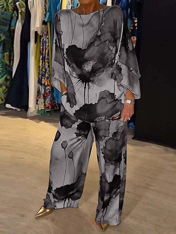 Printed Split-Joint Batwing Sleeves Loose Round-neck Blouses&shirts Tops