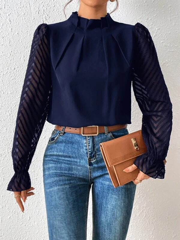 Elasticity Mesh Pleated Solid Color Long Sleeves Loose Mock Neck Blouses&Shirts Tops