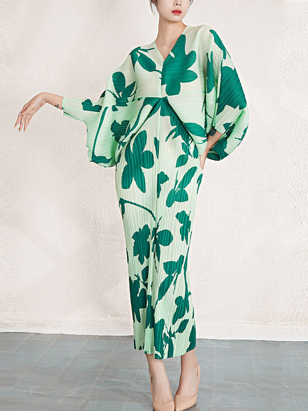 Pleated Printed Batwing Sleeves Loose V-Neck Midi Dresses