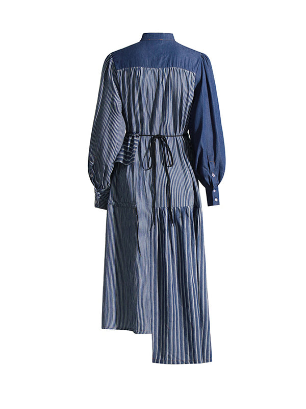 Asymmetric Buttoned Contrast Color Split-Joint Striped Tied Waist High Waisted Long Sleeves Mock Neck Midi Dresses