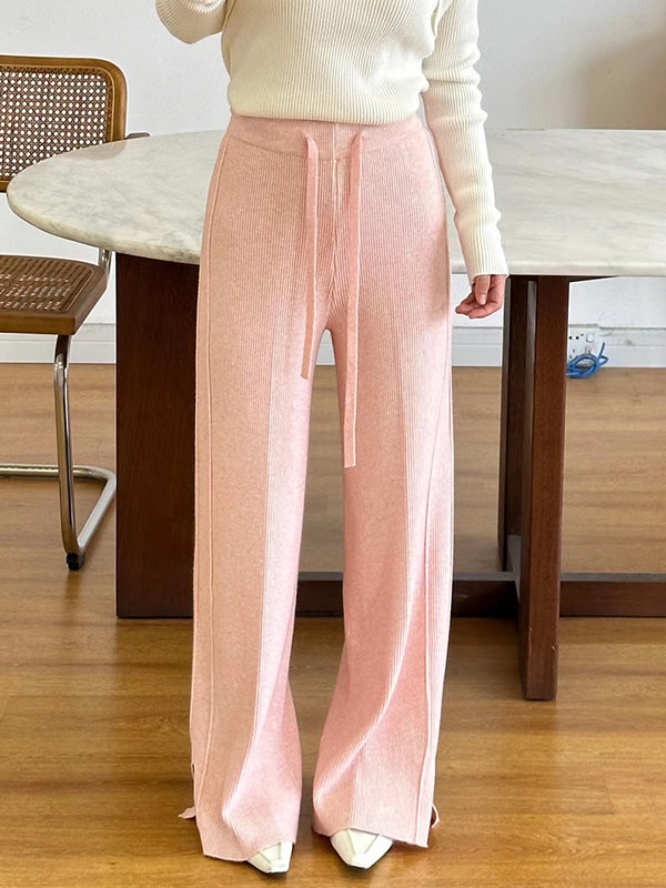 Drawstring Solid Color Split-Side Velvet High Waisted Loose Trousers Pants