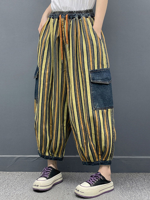 Contrast Color Drawstring Pleated Pockets Striped Loose Ninth Pants Knickerbockers Jean Pants Bottoms