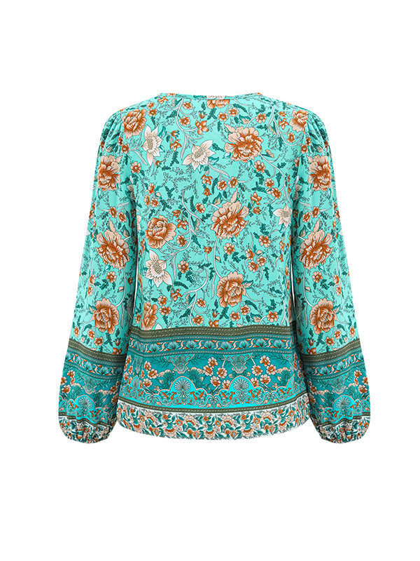 Elasticity Flower Print Tied Long Sleeves Loose V-Neck Blouses&Shirts Tops
