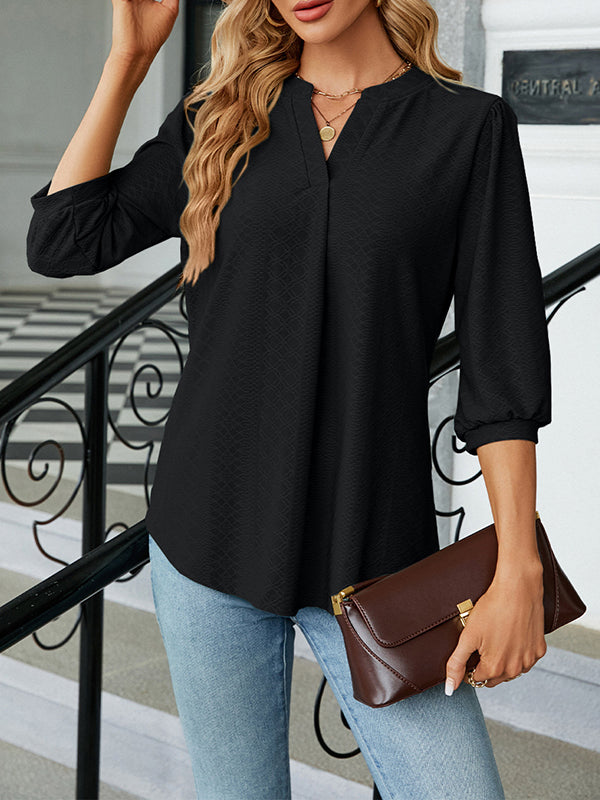 Jacquard Pleated Solid Color Split-Joint Loose Puff Sleeves V-Neck T-Shirts Tops