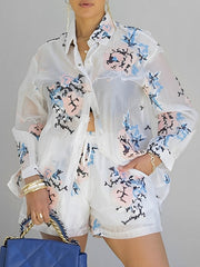 Long Sleeves Loose Floral Printed Gauze Pleated See-Through Split-Joint Lapel Blouses&Shirts Tops