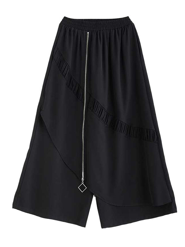 Elasticity Pleated Pockets Split-Joint Zipper High Waisted Loose Pants Culotte