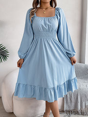 Pleated Ruffled Solid Color A-Line Elasticated Waist Square-Neck Midi Dresses