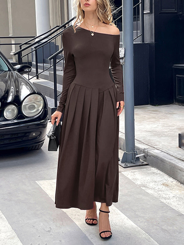 Pleated Solid Color Split-Front High Waisted Long Sleeves One-Shoulder Maxi Dresses