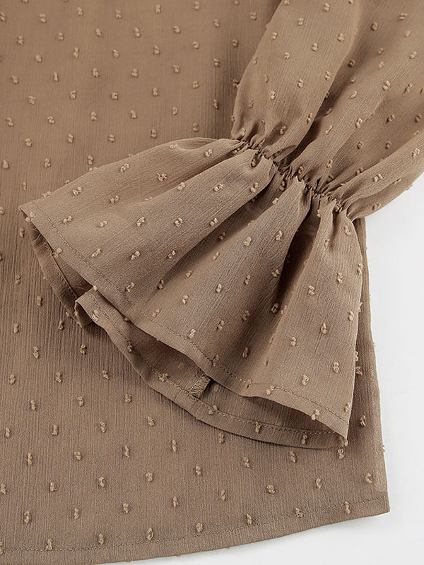 Jacquard Pleated Solid Color Split-Joint Flared Sleeves Loose Stand Collar Blouses
