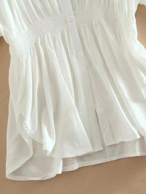 Buttoned Pleated Solid Color High-Low Loose Lapel Blouses&Shirts Tops