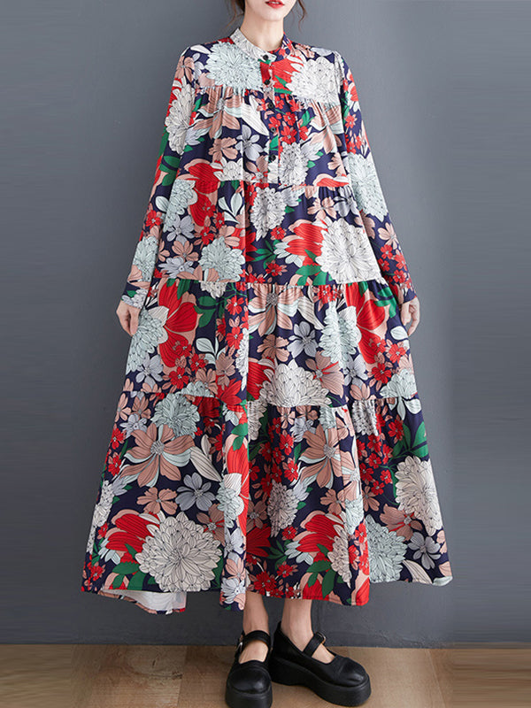 Long Sleeves Loose Floral Printed Round-Neck Midi Dresses
