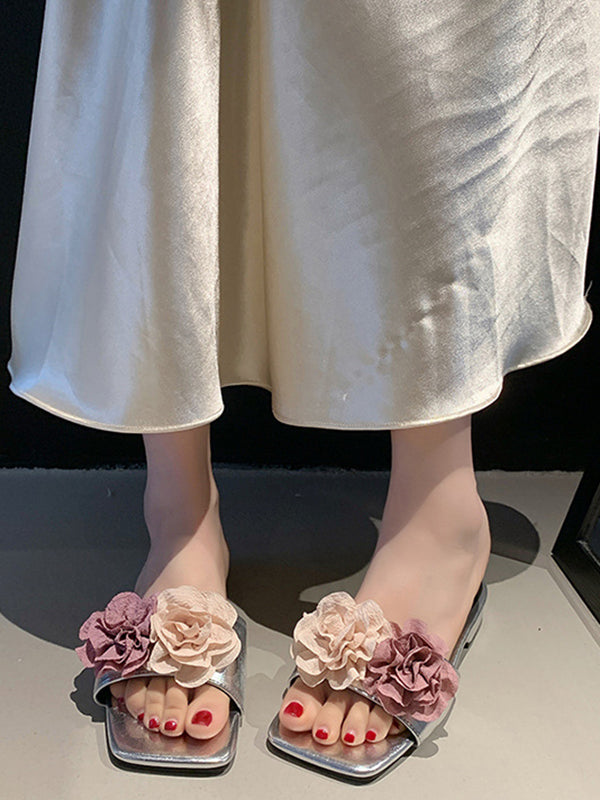 Flower Shape Open Toe Split-Joint Square-Toe Slippers&Mules