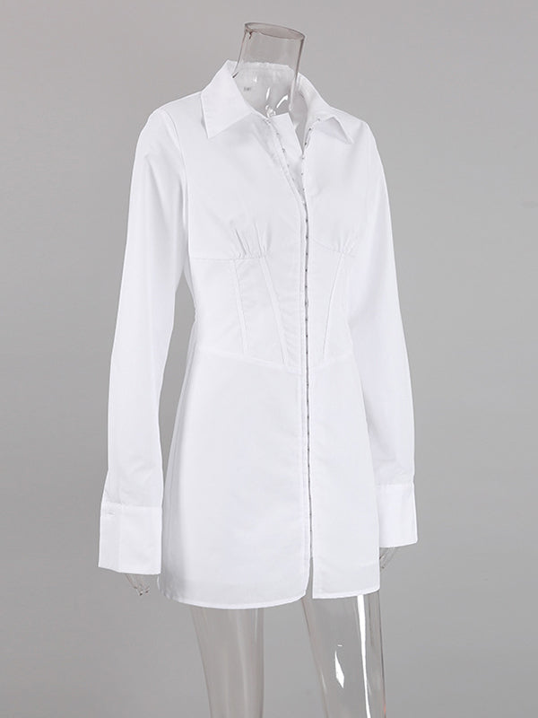 Buckle Solid Color Split-Front High Waisted Long Sleeves Lapel Mini Dresses