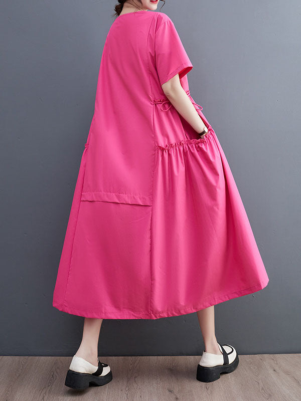 Solid Color Split-Joint Loose Short Sleeves Round-neck Midi Dresses