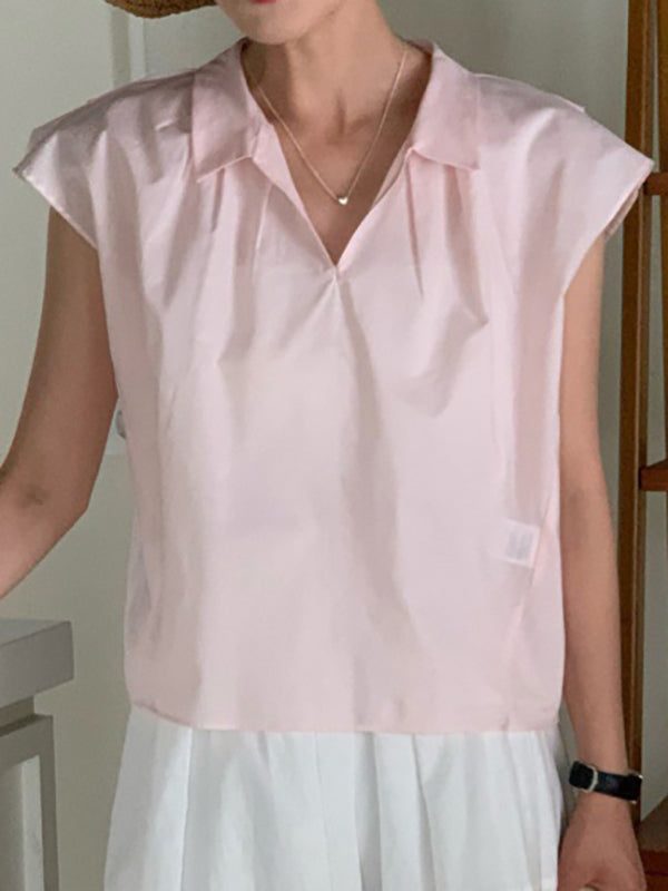 Solid Color Cap Sleeve Loose Lapel Blouses&Shirts Tops
