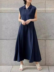 Pleated Solid Color Loose Raglan Sleeve Lapel Maxi Dresses