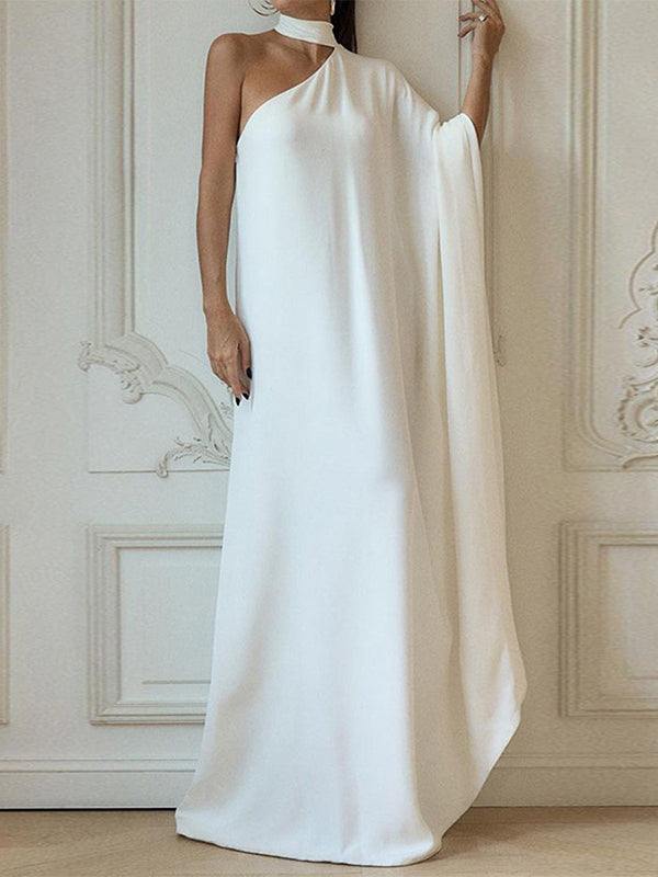 Asymmetric Solid Color Batwing Sleeves Loose Halter-Neck Maxi Dresses