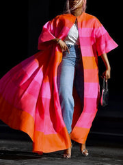 Contrast Color Striped Loose Short Sleeves Outerwear
