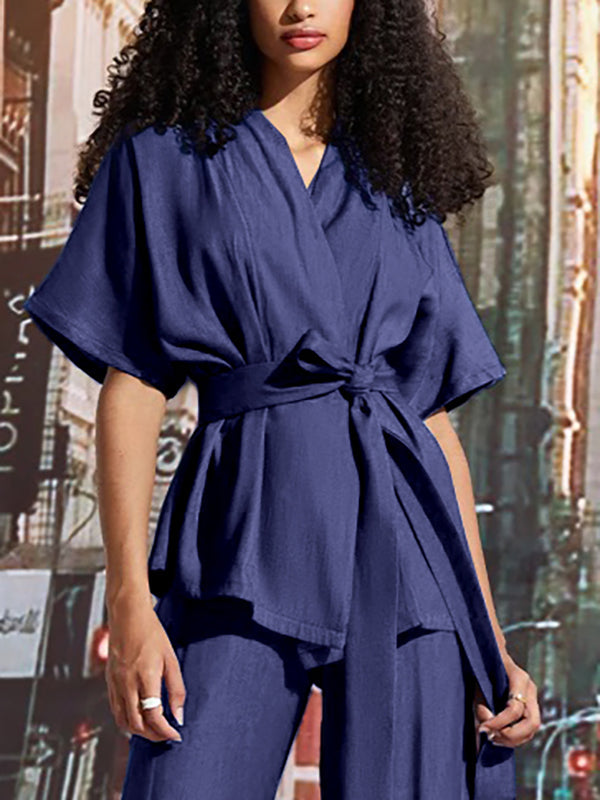 Solid Color Tied Waist Loose Short Sleeves V-Neck Blouses&Shirts Tops