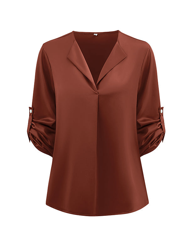 Elasticity Solid Color Long Sleeves Loose V-neck Blouses&shirts Tops