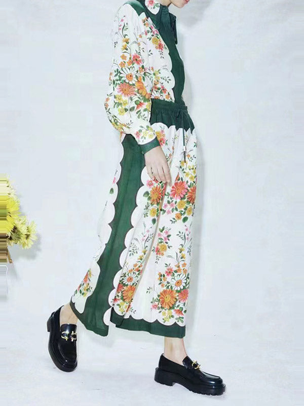 Buttoned Long Sleeves Flower Print Lapel Shirts Top + High Waisted Pants Bottom Two Pieces Set