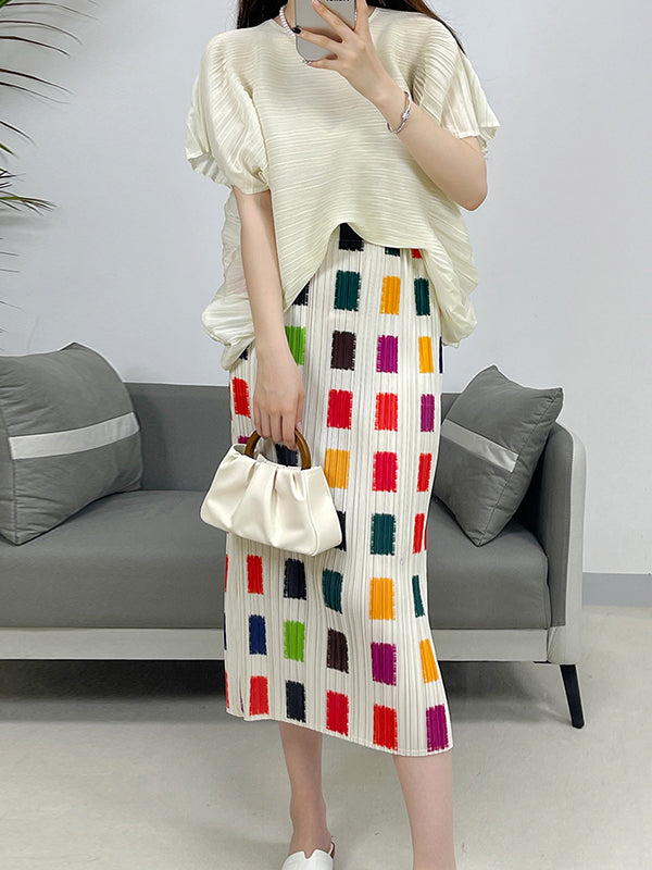 Elasticity Pleated Printed Split-back Split-Joint High Waisted Loose Skirts