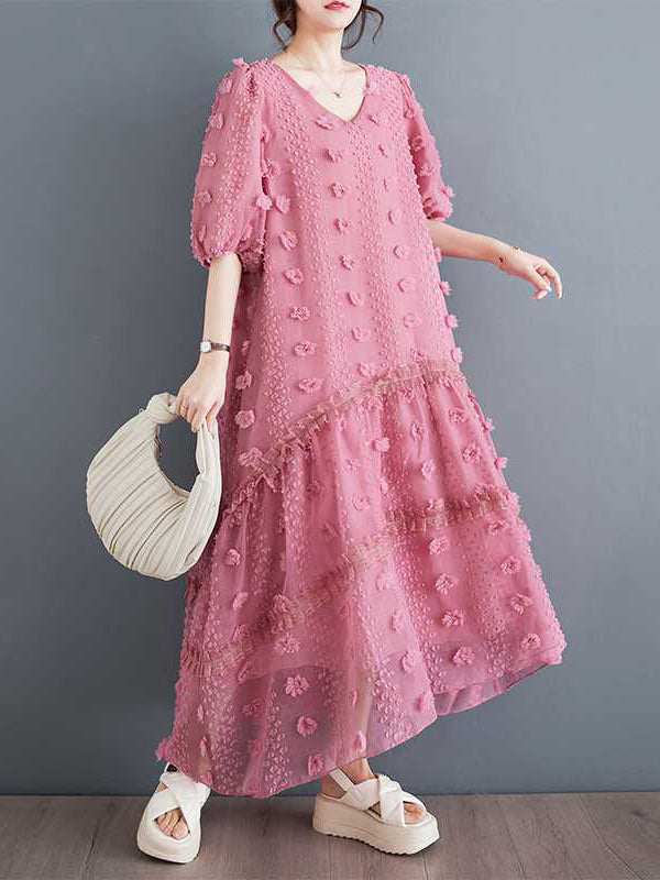 Elasticity Jacquard Solid Color Split-Joint A-Line Half Sleeves V-Neck Midi Dresses