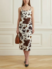 Contrast Color Cow Printed Split-Joint Bodycon Spaghetti-Neck Midi Dresses