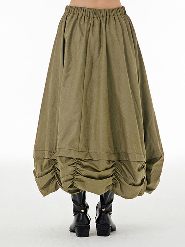 Elasticity Pleated Solid Color Split-Joint Loose Skirts