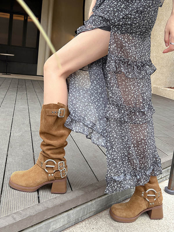 Buckle Round-Toe Split-Joint Velvet Pumps Boots