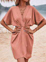 Pleated Solid Color Split-Joint Loose Raglan Sleeve Deep V-Neck Mini Dresses