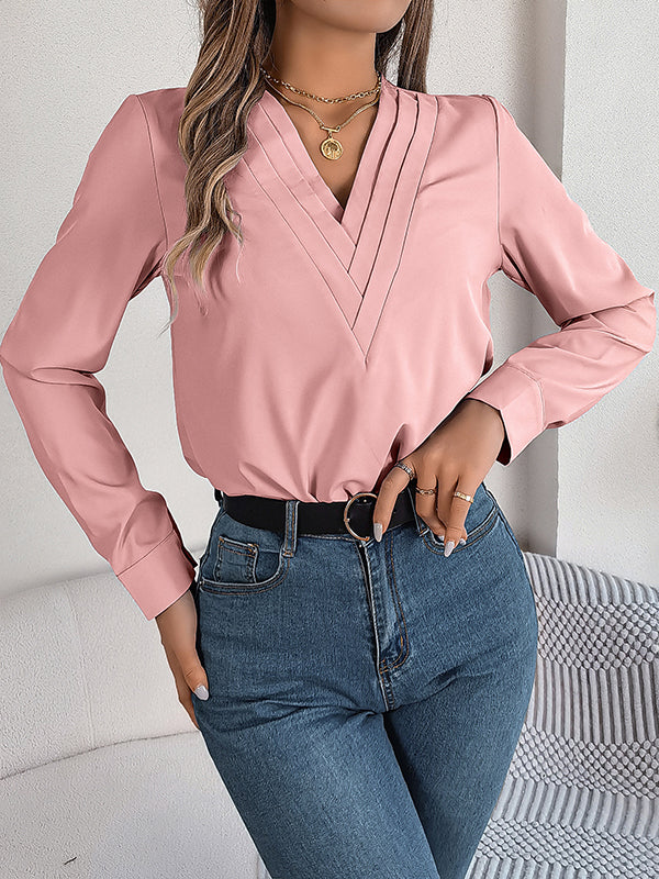 Pleated Solid Color Split-Joint Long Sleeves Loose V-Neck T-Shirts Tops