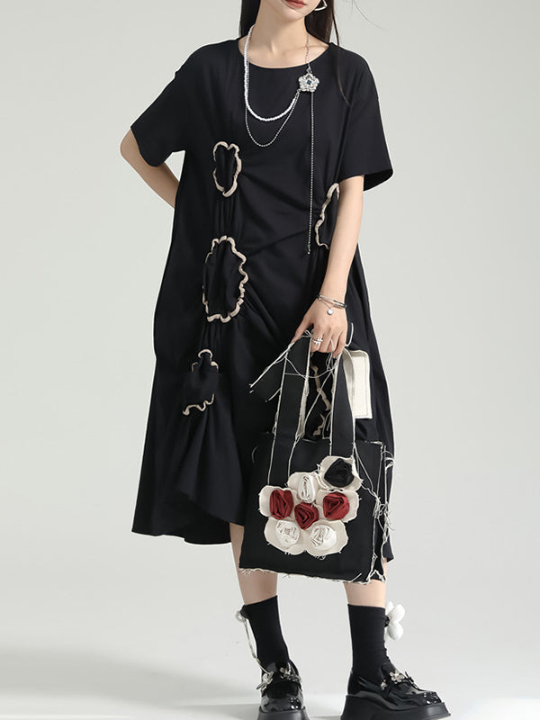 Pleated Pockets Split-Joint A-line High Waisted Round-neck Midi Dresses