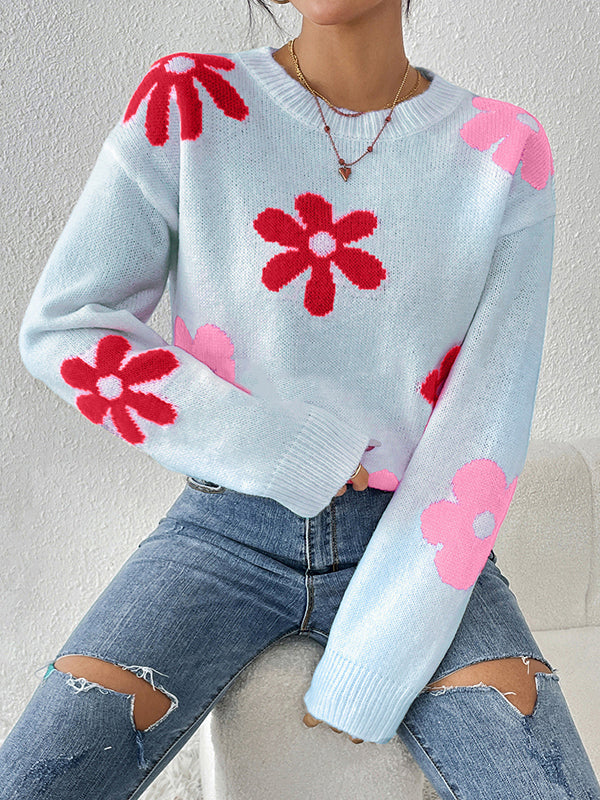 Contrast Color Flower Print Long Sleeves Loose Round-Neck Sweater Tops