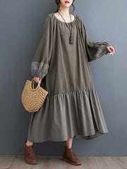 Elasticity Pleated Split-Joint A-line Loose Round-neck Midi Dresses