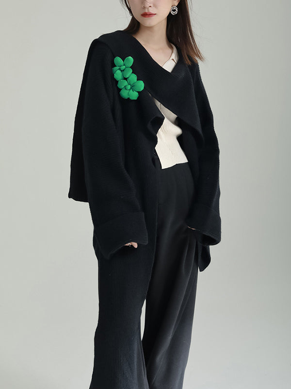 Asymmetric Three-Dimensional Flower High-Low Long Sleeves Round-Neck Cardigan Tops