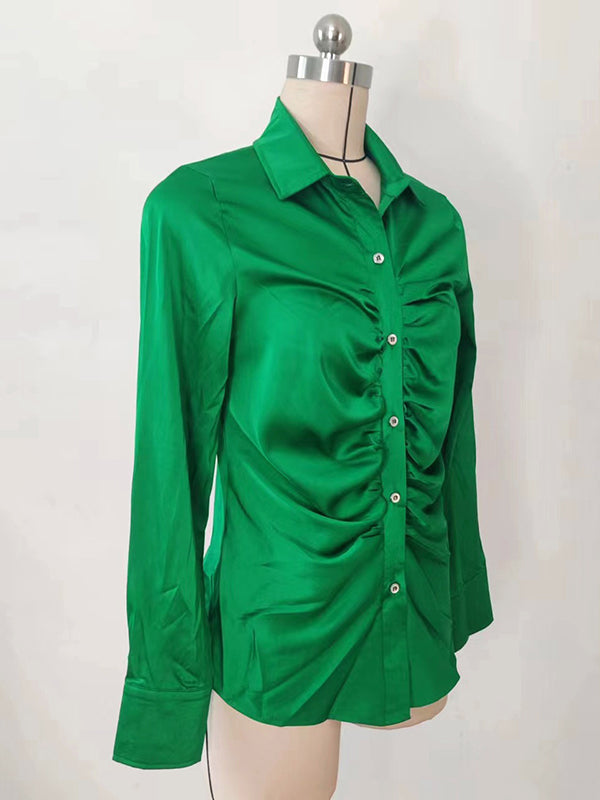 Pleated Solid Color Long Sleeves Lapel Blouses&shirts Tops