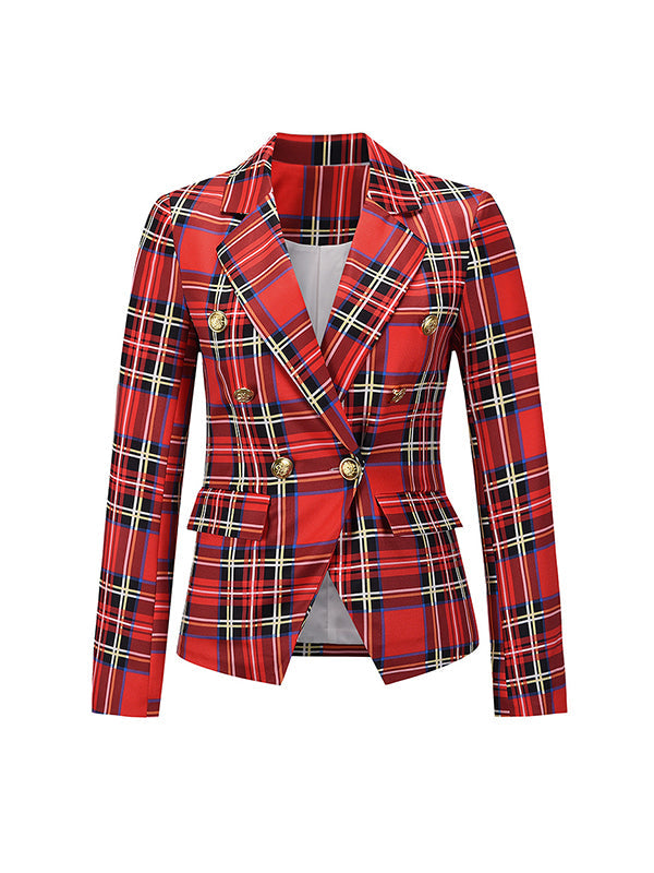 Buttoned Plaid Pockets Long Sleeves Loose Notched Collar Outerwear Blazer