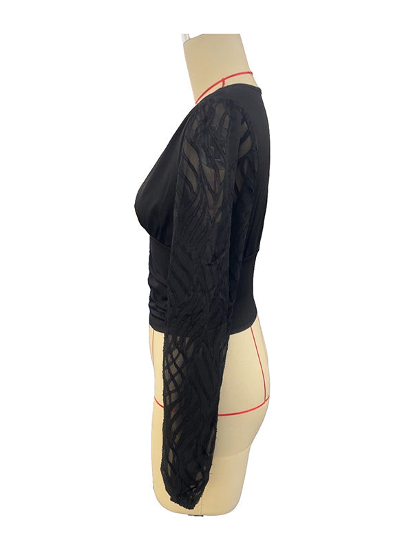 Buttoned Mesh Pleated See-Through Solid Color Split-Joint Long Sleeves Loose Deep V-Neck Blouses&shirts Tops