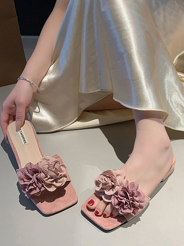 Flower Shape Open Toe Split-Joint Square-Toe Slippers&Mules