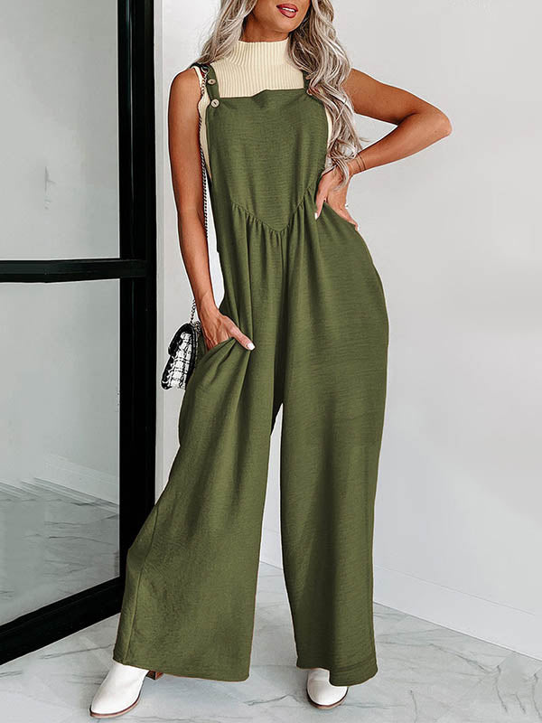Buttoned Pleated Pockets High Waisted Loose Overalls