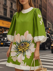 Flower Print Pleated A-Line Loose Round-Neck Mini Dresses