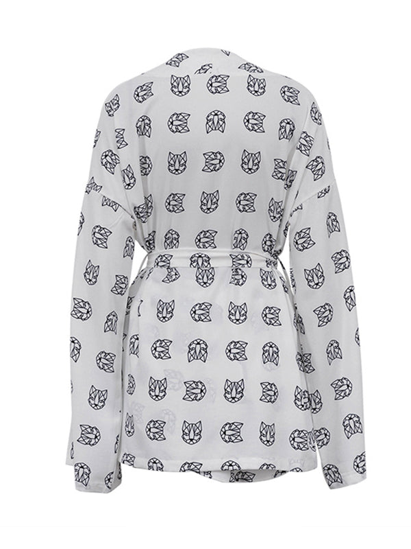 Loose  Printed  Long Sleeves Tied Waist Robes + High-Waisted Short Bottom Robes Pajama Sets
